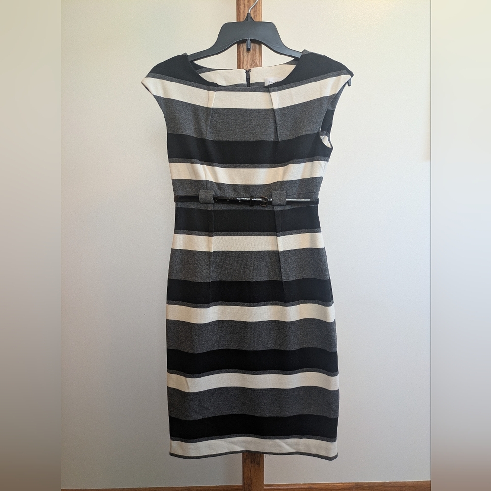 Calvin Klein Black and Cream Striped Midi Dress